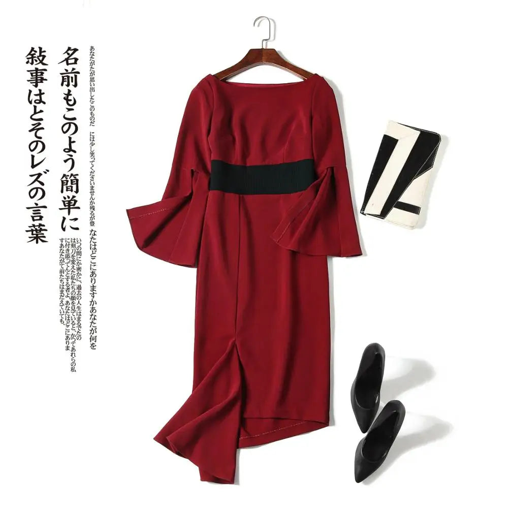 New irregular waist-tightening dresses red medium-length dress for solid slash neck flare sleevebanquet